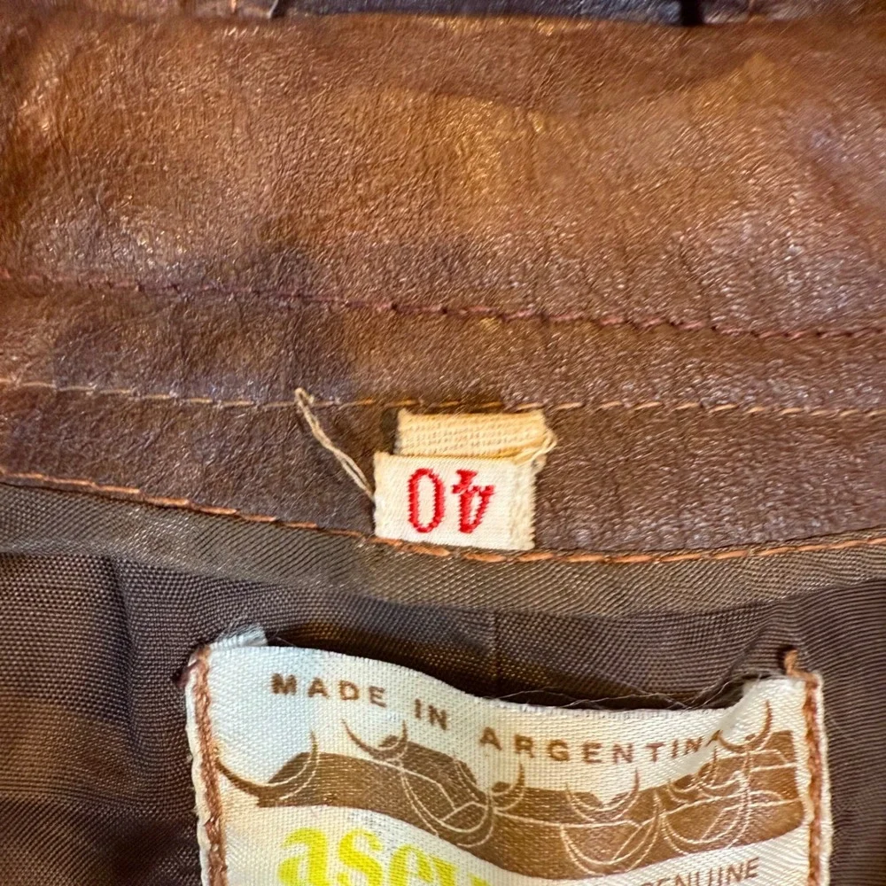Asevox Vintage Brown Leather Car Coat Mens 40 Argentina Mid Length Jacket - Picture 4 of 7
